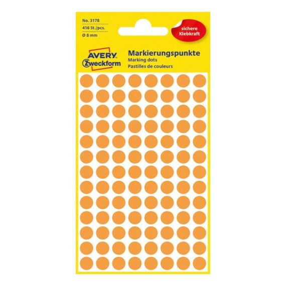 Etikett AVERY 3178 öntapadó jelölőpont neon sárga 8mm 416 jelölőpont/csomag